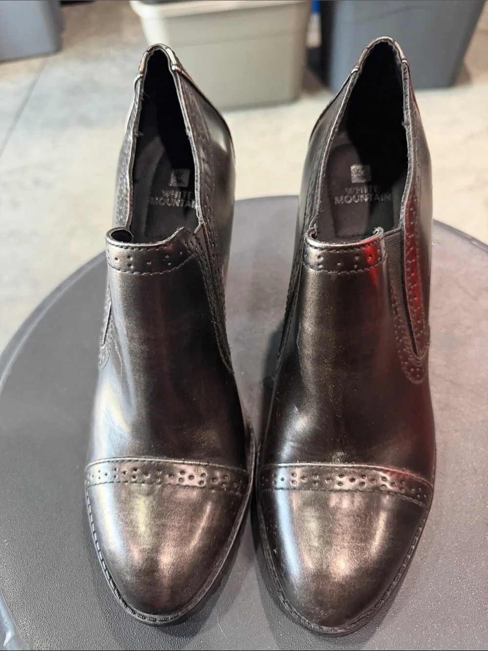 White Mountain Black Leather Ankle Booties with Stacked Heel